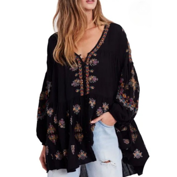 Free People Arianna Tunic Top Black Babydoll Embroidered Boho XS Gauzy Festival - Picture 14 of 16